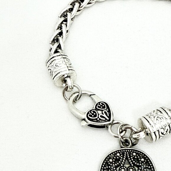 Silver-Tone Hamsa Hand Charm Bracelet Heart Lobster Clasp & Thick Braided Chain - Picture 6 of 8